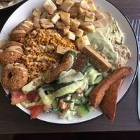 Mixed plate with manioc fries, falafel and tofu  at Ibras in Dresden