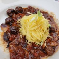 Veggie Ragout (spaghetti squash, mushrooms, garlic) at Caroline's Restaurant at Wine Country Inn in Palisade