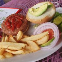 Yummy, juicy Beyond Burger!! Served with fries or salad  at Gloria's Corner Cafe in Moab