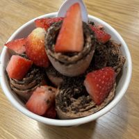 Chocolate rolled icecream with Oreos and strawberries   at Creme Shack in Greenville