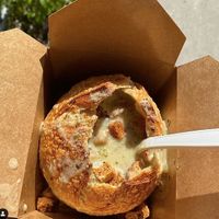 leek and potato soup in sourdough bread bowl at Clover in Raglan