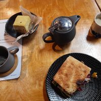 Vegan: toastie, pot of tea with soy milk, passionfruit slice at Dramanti Artisan Roaster in Wynnum