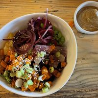 Jack Talk Thai bowl. Yummy peanut sauce!  at Deeply Rooted in Bend