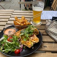 Burrito with beyond meat and "papír" beer. at Pivstro in Plzen