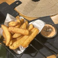 Belgian fries (ask staff to fry in vegetable oil to make vegan) & spicy vegan mayo  at Pivstro in Plzen