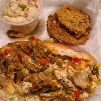 Vegan chicken philly, pasta salad, fried green tomatoes at The Vegan Spot in Kansas City