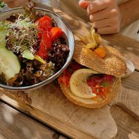 ‘Catch of the day’ bagel and salad (dressing on salad is A1).   at Pier 17 in Oberhofen