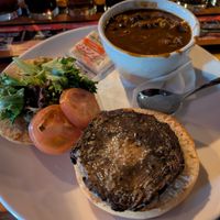 Portobello on gluten free bun with vegan chili at Fitger's Brewhouse Brewery and Grille in Duluth