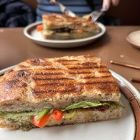 ‘Panini’. With focaccia bread (or you could chose croissant or sourdough) Veg, tahini & pesto   at Cafe Harepus in Aarhus