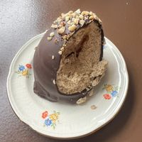 Flødeboller. Danish treat, with marshmallow filling - similar to a walnut whip or tea cake. This one was salted caramel & had a marzipan base.   at Cafe Harepus in Aarhus