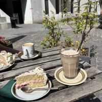 Cake, chai latte and cappucchino  at Cafe Harepus in Aarhus