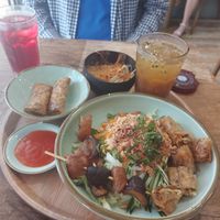 BBQ Bowl, spring rolls  tropical salad, passionfruit lemonade tea, pomegranate juice at The Kind Bowl - Somerset in Central Singapore