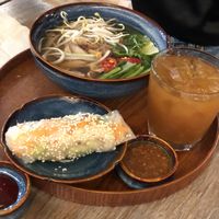 Pho, summer spring rolls with peanut dip and passion fruit tea at The Kind Bowl - Somerset in Central Singapore