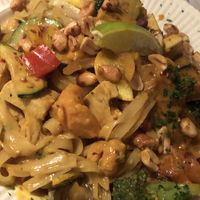 Sweet potato with, veggies, tofu, rice noodles and Thai peanut sauce.   at Purple Chopstix in Athens