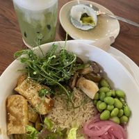 matcha latte with soy milk, matcha mochi, and build-your-own buddha bowl—the japanese style tofu is so good!  at Annie in Koh Samui
