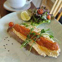 Hummus toast with tomato sauce at Annie in Koh Samui