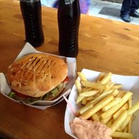 Burger Meal deal, includes burger with fries and a drink.  at Gopal - Vegan Deli in Barcelona