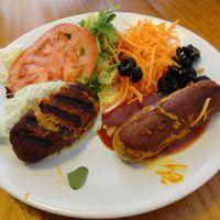 Vegan sausages and salad at Gopal - Vegan Deli in Barcelona