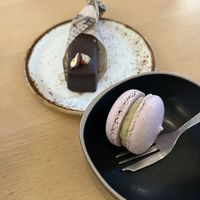 A chocolate “cheesecake” as well as a blackcurrant macaroon  at Moltto Coffee in Riga