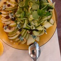 Green salad pear ,walnut, raisins, zucchini and blue cheese. at La Tizna - Casa de Comidas Sostenible in Sevilla