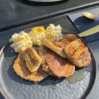 Vegan pancakes, baked banana, and vegan caramel  at Lilith Coffee in Rotterdam