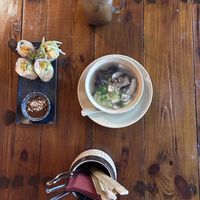 Tamarind ginger lemonade lekker not too sweet, soup and summer rolls  at Ong Tao Vegan in Frankfurt