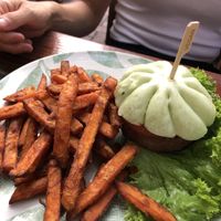 Burger with sweet potato fries  at Ong Tao Vegan in Frankfurt