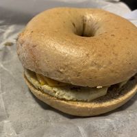 Very fun ‘egg’, cheez, and ‘sausage’ breakfast sandwich. Also had vegan cream cheese to go  at Yorgo's Bageldashery in Norfolk