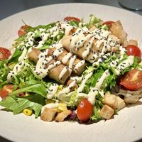 Alexander Salad - grilled “chicken”, cherry tomatoes, corn, croutons, mayonnaise and black sesame.  at Choose in Madrid