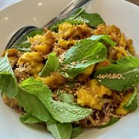 Rice noodles with grilled soya chunks and fresh mint  at Alam Green Lotus in Ubud