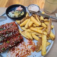 Korean tofu, fries, pickles. Lemonade at Habitat in Leiria