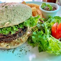 De La Montaña vegan burger   at Indómitos Café & Bar in Uvita