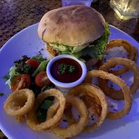 Delicious black bean burger and onion rings  at Indómitos Café & Bar in Uvita