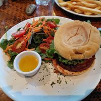 Beyond meat burger at Indómitos Café & Bar in Uvita