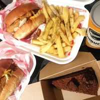 Korean, chickn supreme, garlic and thyme fries, chocolat cake at Hank's Vegan Restaurant in Ipswich