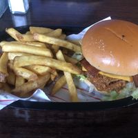 Hunters chick’n burger and fries  at Hank's Vegan Restaurant in Ipswich