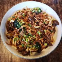 Teriyaki b**f and Broccoli Udon Noodles at Hank's Vegan Restaurant in Ipswich