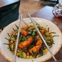 Miso noodle bowl with the most amazing plant based prawns at Munch Box by Nidhi in Bangkok