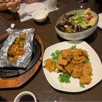 Tofu & mushroom rolls, cumin mock meat, and avocado & quinoa salad at Tianchu Miaoxiang - Chaowai in Beijing