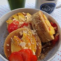 Iron Juice, coffee, vegan pancakes at Joshua Tree Cafe in Athens