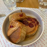 Delicious sharing pancakes, we had the peanut butter and jelly. at Joshua Tree Cafe in Athens