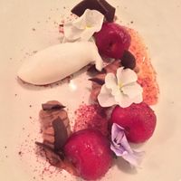 lemon verbena sorbet with stewed cherries and chocolate at Chez Nico in Innsbruck