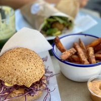 Chipotle burger and sweet potato fries at Mat Fra Hagen in Trondheim