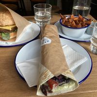 Chipotle burger, Gyros wrap and sweet potato fries at Mat Fra Hagen in Trondheim
