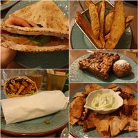 Quesadilla, Better than chicken gyro, Cyprus fries, brownies and energy balls with caramel and dates and whole-wheat pitta chips with sauce! at Elysian Restaurant in Nicosia