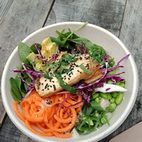 Tofu vegan poke bowl with rice and spinach, so good! at Kahakai Poke Bowls in New Plymouth