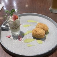 Lovely crunch in those nuggets and great mushroom salad in glass    at Green Italian TORCIA - Shinjuku in Tokyo