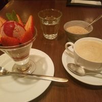 soy latte with beet sugar and strawberry parfait at Green Italian TORCIA - Shinjuku in Tokyo