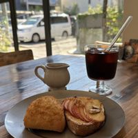 Coconut scone and apple pastry w/coffee.  at Universal Bakes and Cafe in Tokyo