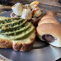 Avocado toast, banana toast and chocolate filled pastry   at Universal Bakes and Cafe in Tokyo